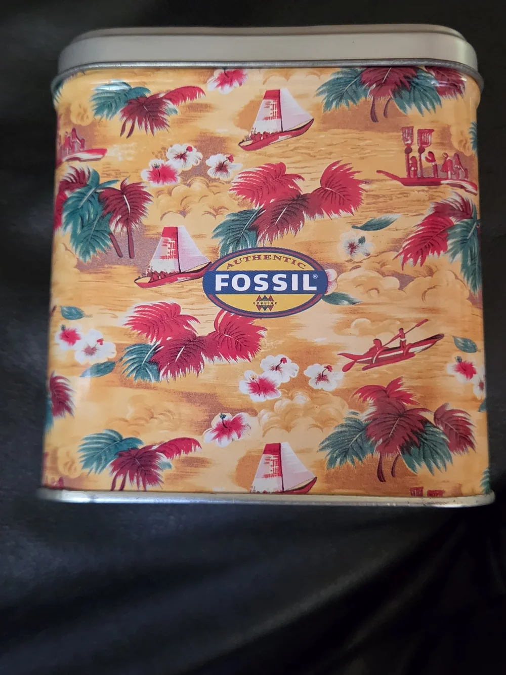 Fossil Tropical Pattern Watch Tin in Yellow, Red, Teal 3.5"×4" - Picture 1 of 5